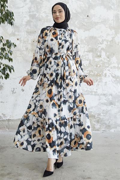 Çiçekli Boydan Düğmeli Siyah Saten Elbise