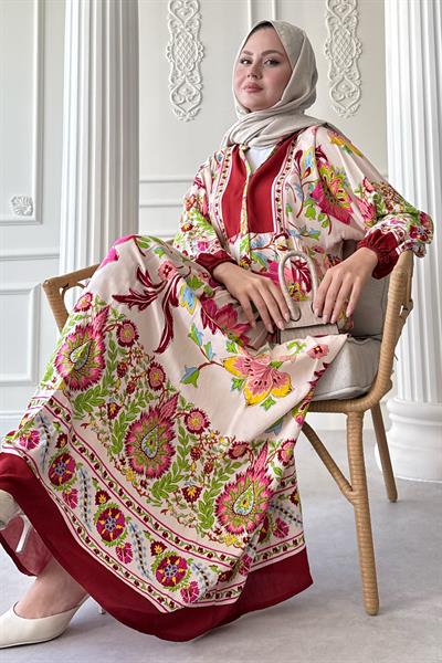 Çiçekli Etnik Kırmızı Viskon Elbise