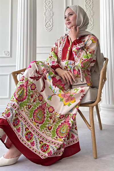 Çiçekli Etnik Kırmızı Viskon Elbise