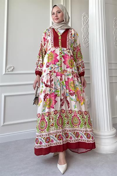 Çiçekli Etnik Kırmızı Viskon Elbise