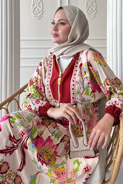 Çiçekli Etnik Kırmızı Viskon Elbise