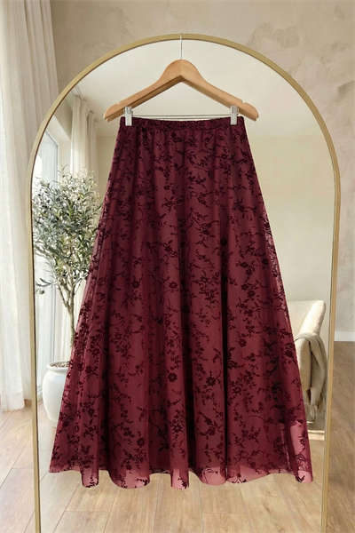 Çiçekli Flok Tül Astarlı Bordo Etek