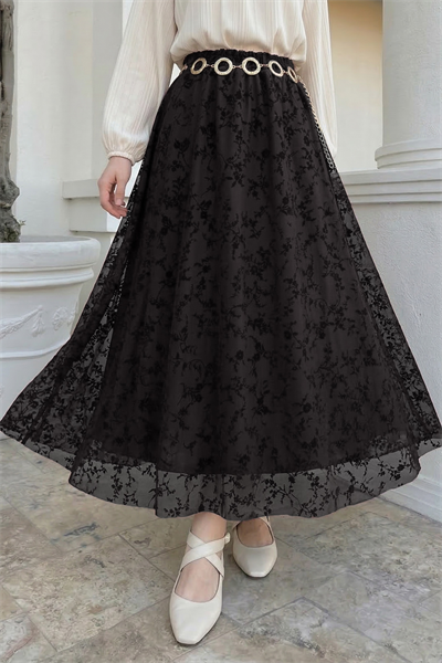 Çiçekli Flok Tül Astarlı Siyah Etek