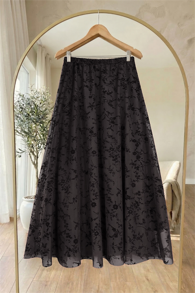 Çiçekli Flok Tül Astarlı Siyah Etek