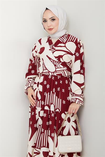 Çiçekli Geometrik Desen Bordo Viskon Takım