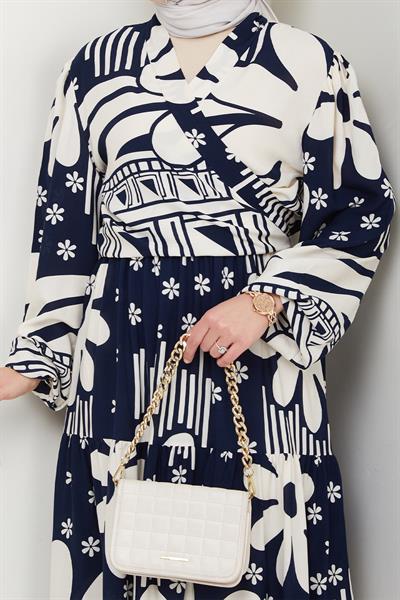 Çiçekli Geometrik Desen Lacivert Viskon Takım