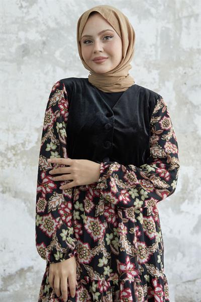 Çiçekli Kadife Cepkenli Kırmızı Şifon Elbise