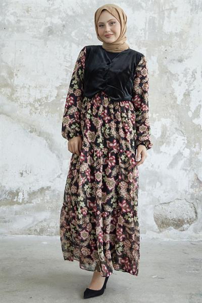 Çiçekli Kadife Cepkenli Kırmızı Şifon Elbise