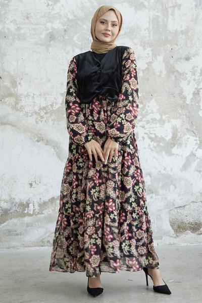 Çiçekli Kadife Cepkenli Kırmızı Şifon Elbise