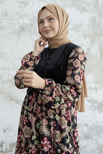 Çiçekli Kadife Cepkenli Kırmızı Şifon Elbise