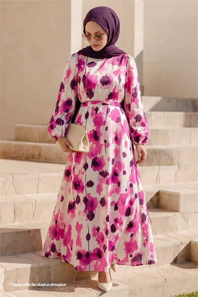 Floral Belted Fuchsia Satin Dress