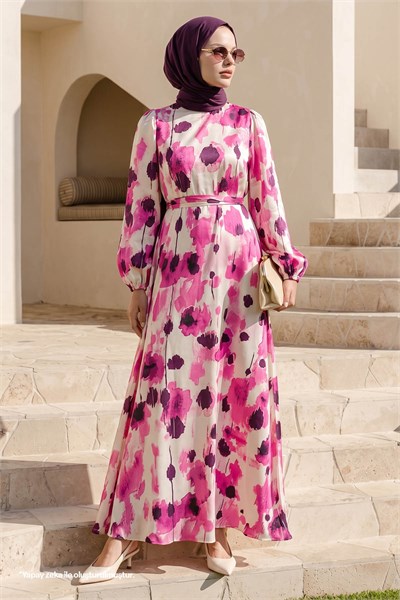 Floral Belted Fuchsia Satin Dress