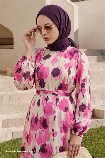 Floral Belted Fuchsia Satin Dress