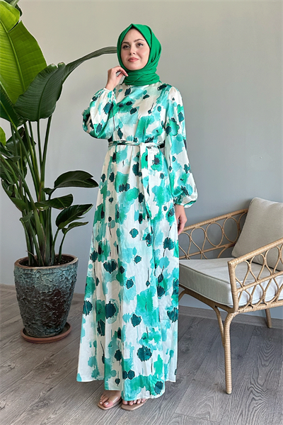 Çiçekli Kuşaklı Yeşil Saten Elbise