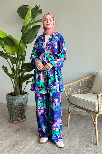 Çiçekli Viskon Mor İkili Takım