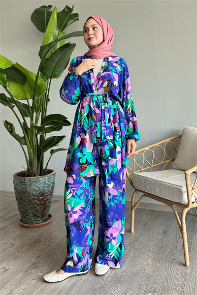 Çiçekli Viskon Mor İkili Takım