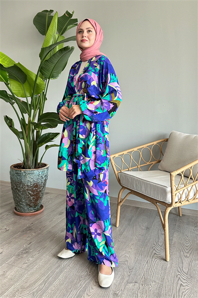 Çiçekli Viskon Mor İkili Takım