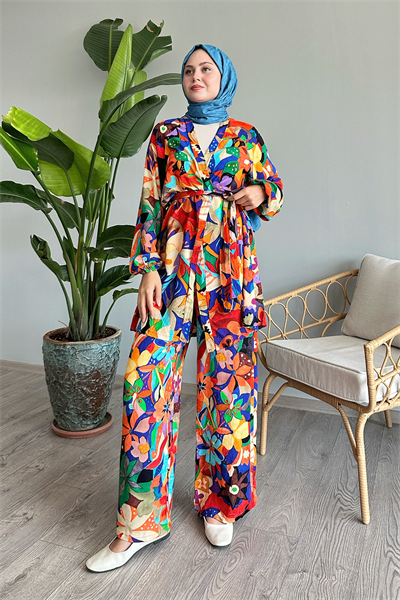 Çiçekli Viskon Oranj İkili Takım