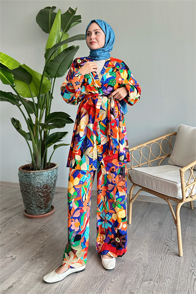 Çiçekli Viskon Oranj İkili Takım