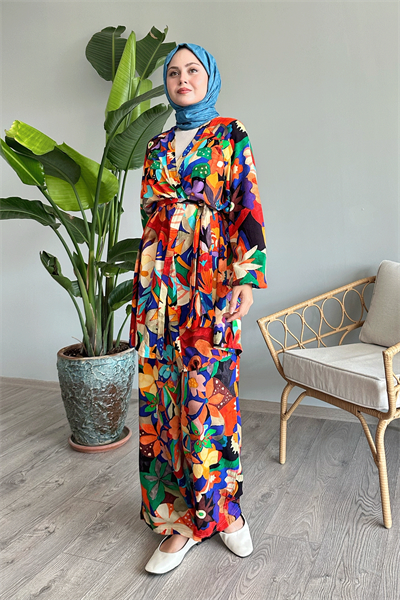 Çiçekli Viskon Oranj İkili Takım