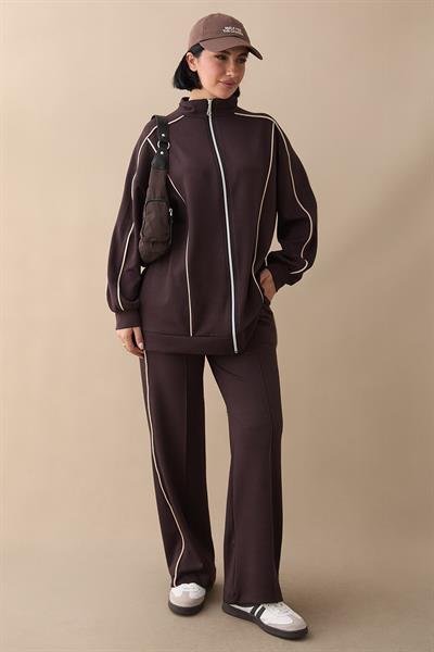 Çift Biyeli Fermuarlı Acı Kahve İkili Takım