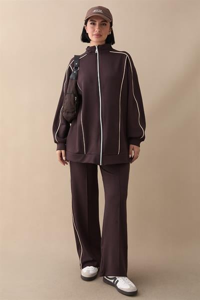 Çift Biyeli Fermuarlı Acı Kahve İkili Takım