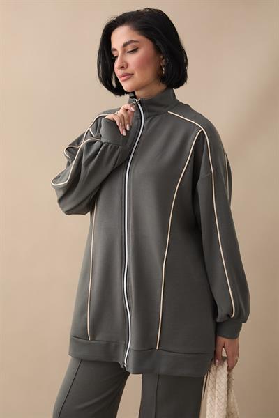 Çift Biyeli Fermuarlı Haki İkili Takım