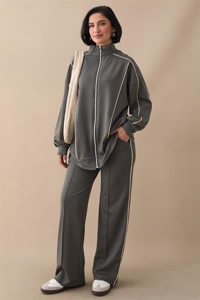 Çift Biyeli Fermuarlı Haki İkili Takım