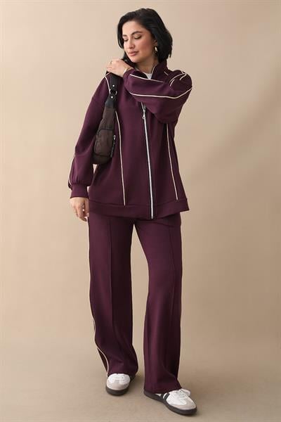 Çift Biyeli Fermuarlı Mor İkili Takım