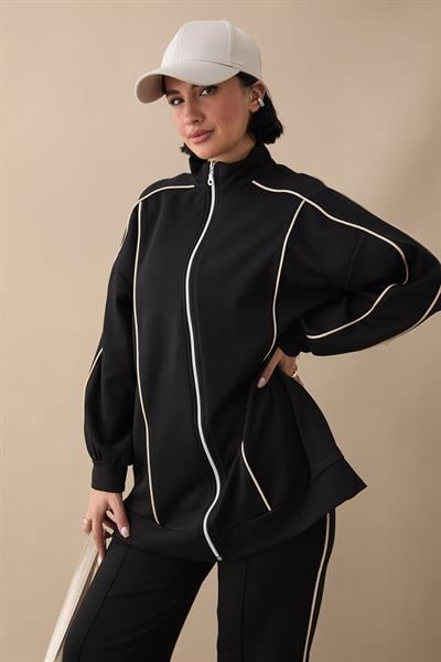 Çift Biyeli Fermuarlı Siyah İkili Takım