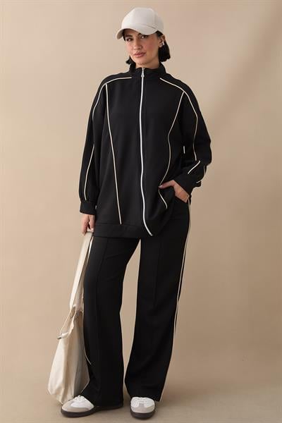 Çift Biyeli Fermuarlı Siyah İkili Takım