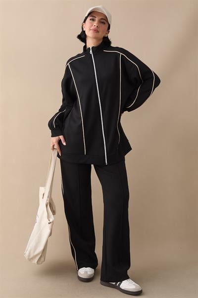 Çift Biyeli Fermuarlı Siyah İkili Takım