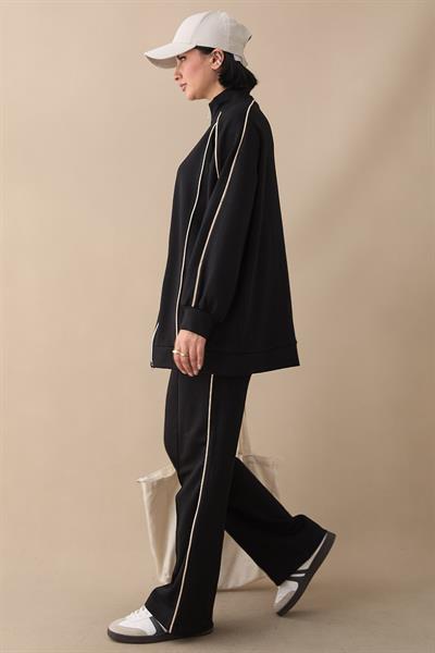 Çift Biyeli Fermuarlı Siyah İkili Takım