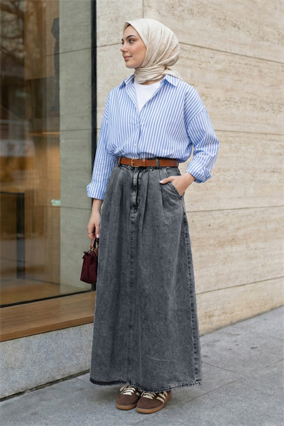 Çift Cep Kloş Gri Kot Etek