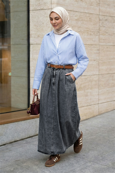 Çift Cep Kloş Gri Kot Etek