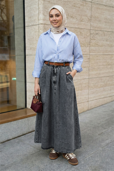 Çift Cep Kloş Gri Kot Etek