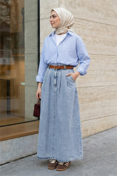 Çift Cep Kloş Mavi Kot Etek