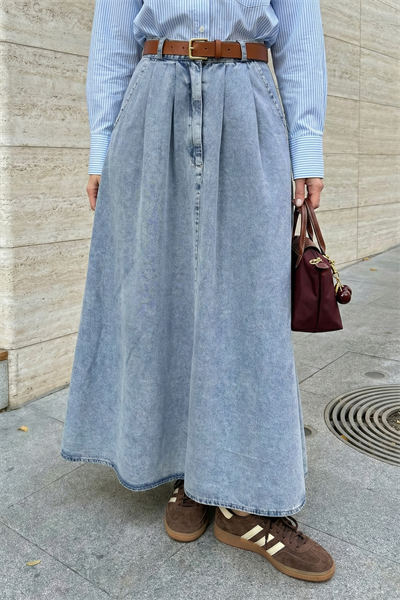 Çift Cep Kloş Mavi Kot Etek