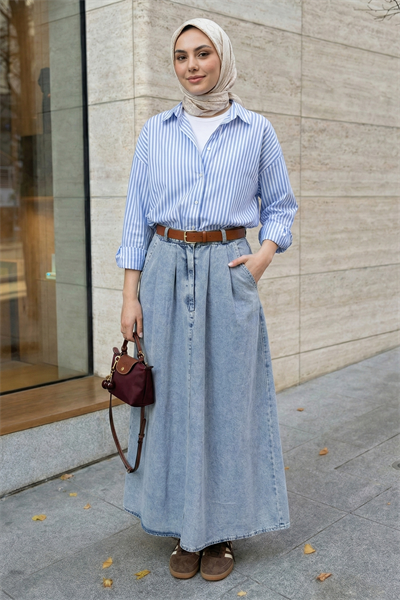 Çift Cep Kloş Mavi Kot Etek