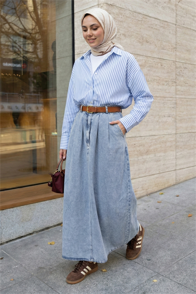 Çift Cep Kloş Mavi Kot Etek