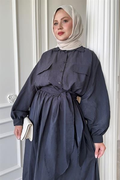 Çift Cepli Balon Kol Antrasit Etekli Takım