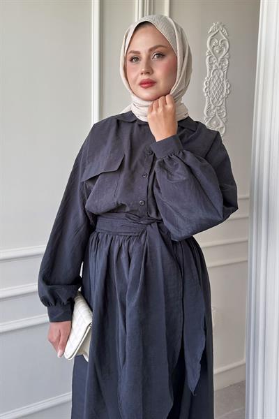 Çift Cepli Balon Kol Antrasit Etekli Takım