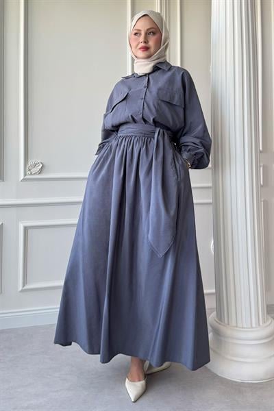 Çift Cepli Balon Kol Gri  Etekli Takım