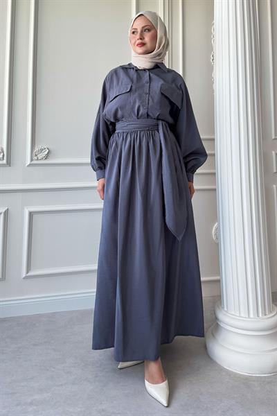 Çift Cepli Balon Kol Gri  Etekli Takım