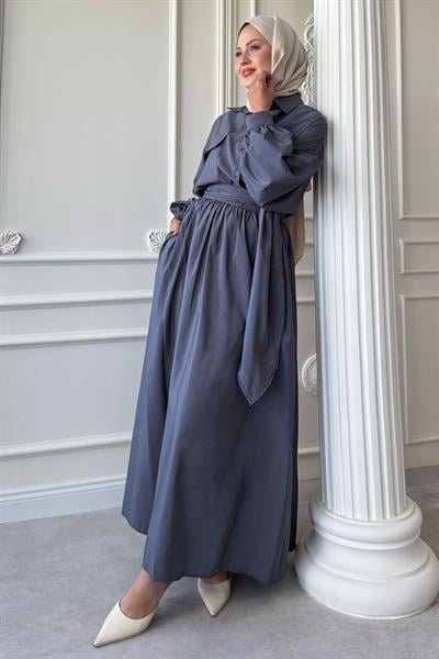 Çift Cepli Balon Kol Gri  Etekli Takım