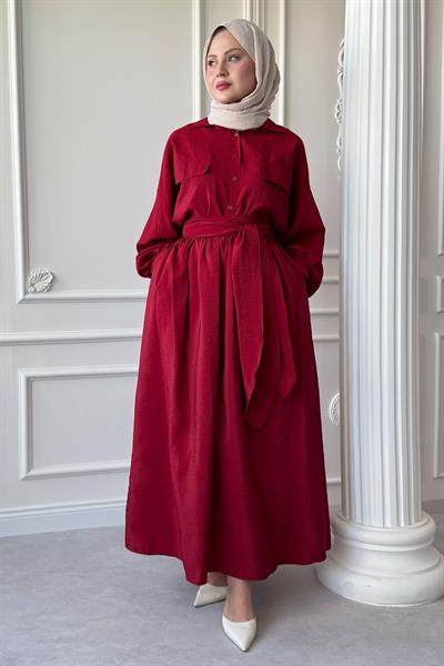 Çift Cepli Balon Kol Kırmızı Etekli Takım