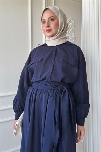 Çift Cepli Balon Kol Lacivert Etekli Takım