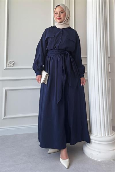 Çift Cepli Balon Kol Lacivert Etekli Takım