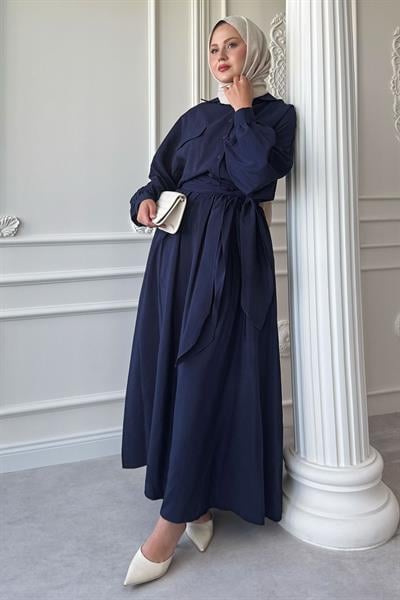 Çift Cepli Balon Kol Lacivert Etekli Takım