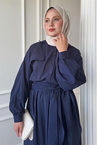 Çift Cepli Balon Kol Lacivert Etekli Takım